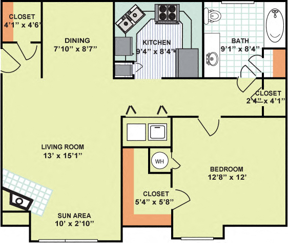 Floor plan for 1 bed, 1 bath, 875 sqft